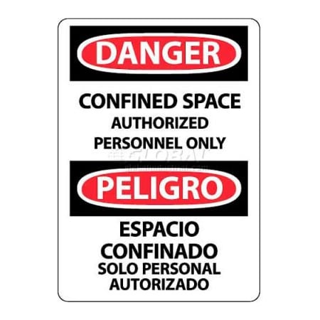 National Marker Co OSHA Sign, Danger Confined Space Authorized Personnel Only, Bilingual, 14in X 10in, White/Red/Black ESD671RB